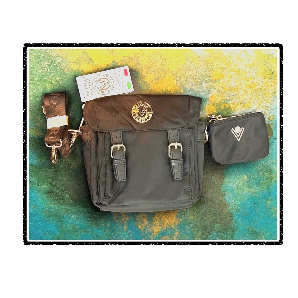 🌟🆕🌟 Valentino Orlandi Black Nylon Crossbody Bag with Coin Pouch Vegan Leather